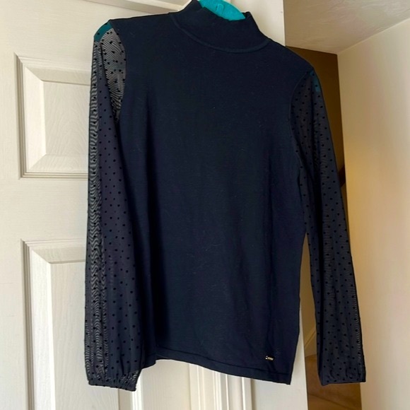 Anne Klein sheer sleeve mock turtleneck statement sweater in jet black - Picture 2 of 6